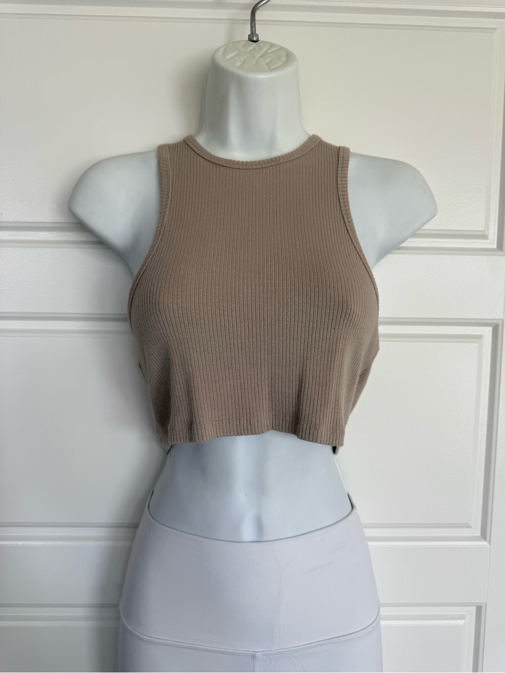 Sleeveless Ribbed Crop Tank Top in Taupe